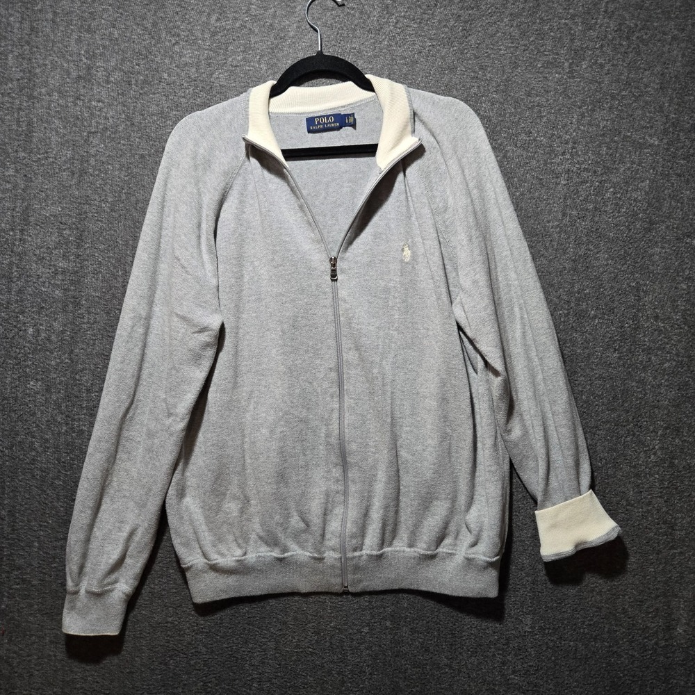 Polo Ralph Lauren‎ Full Zip Men's Sweater Large Light Gray Ivory Trim